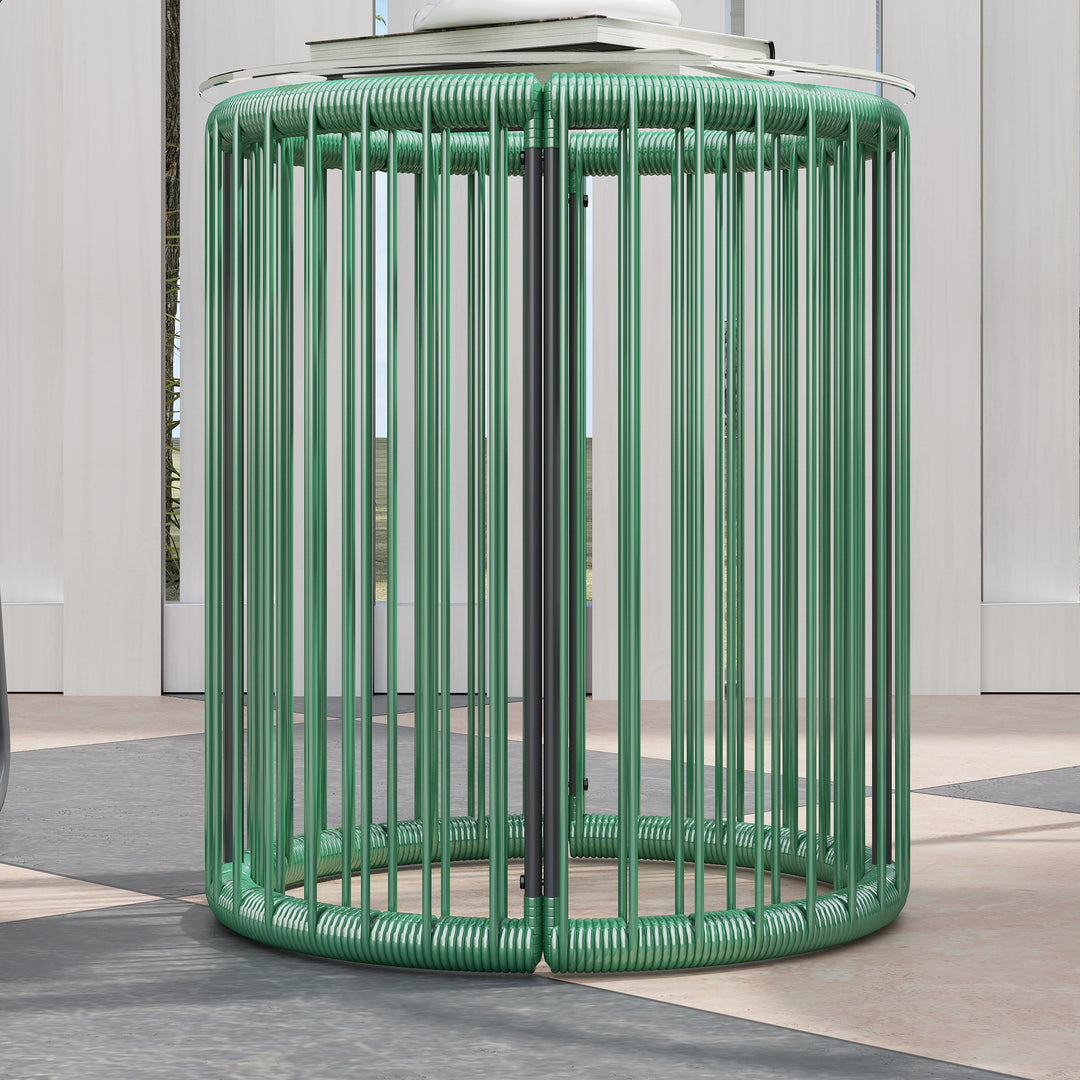 3-Delt havemøbelsæt, 1 bord, 2 stole, glasbordplade, plastikrattan omkring stålramme, bløde hynder, grøn