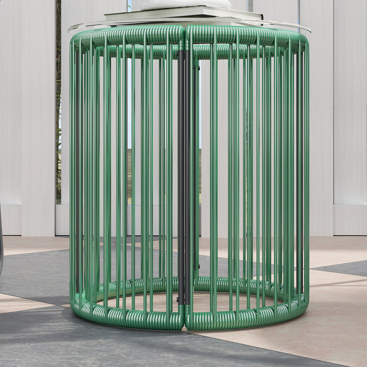 3-Delt havemøbelsæt, 1 bord, 2 stole, glasbordplade, plastikrattan omkring stålramme, bløde hynder, grøn