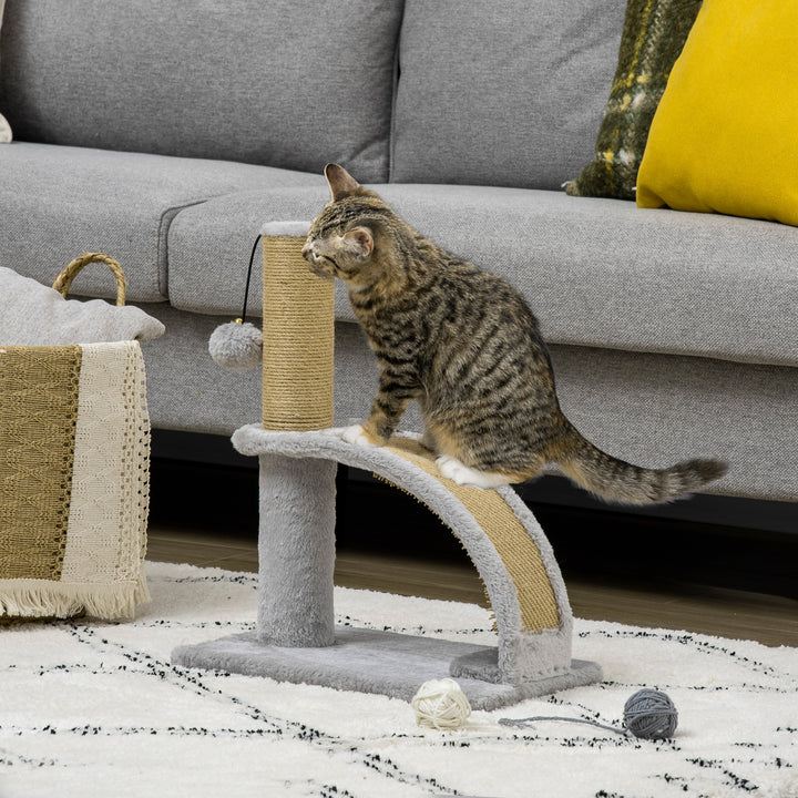 Kradsetræ til katte, jutebetræk, hængebold med klokke, kradsebræt, 34 x 24 x 43 cm, grå