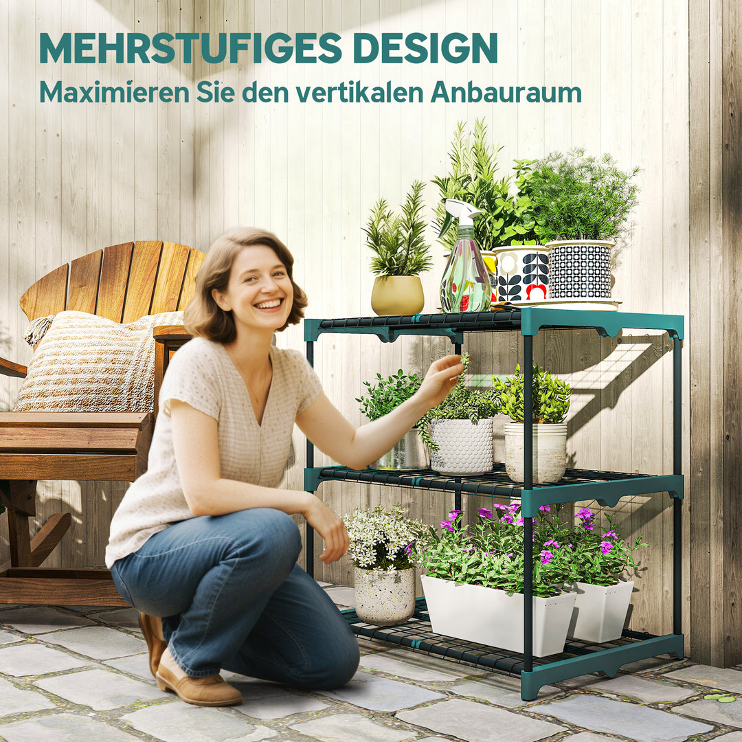 3-lags plantestativ, 72 cm højt, blomsterstativ til indendørs og udendørs brug, stål plantehylde, mørkegrøn