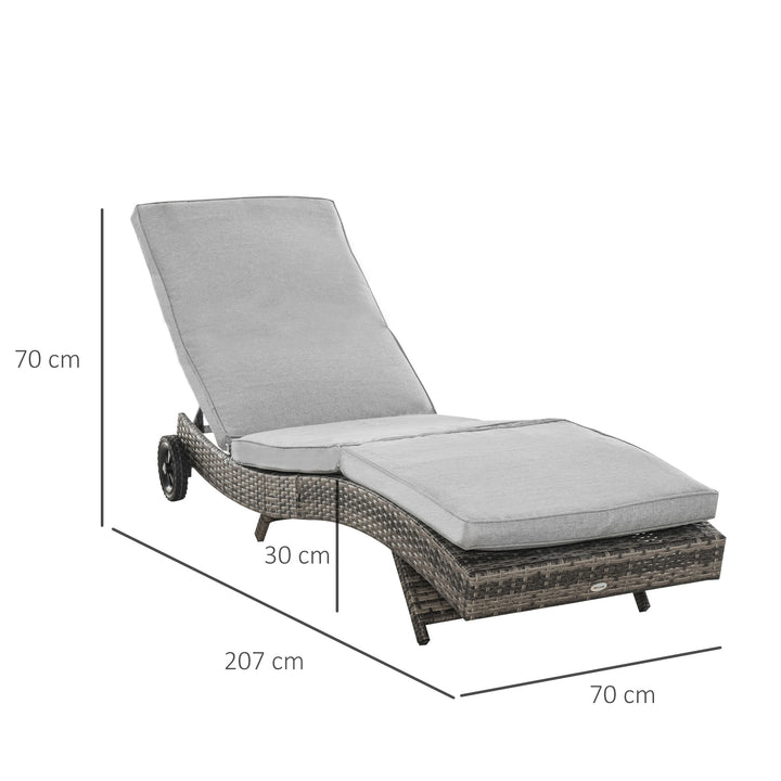 Polyrattan liggestol, havestol med hynde, justerbar i 5 positioner, rattan liggestol, havemøbler, S-formet liggestol, metal, grå, 207 x 70 x 70 cm