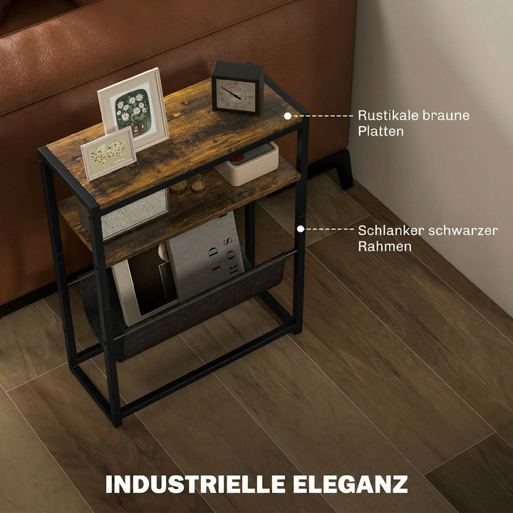 Sidebord, sofabord med 3-lags hylde, V-formet magasinholder, 43 x 18 x 56 cm, rustik brun