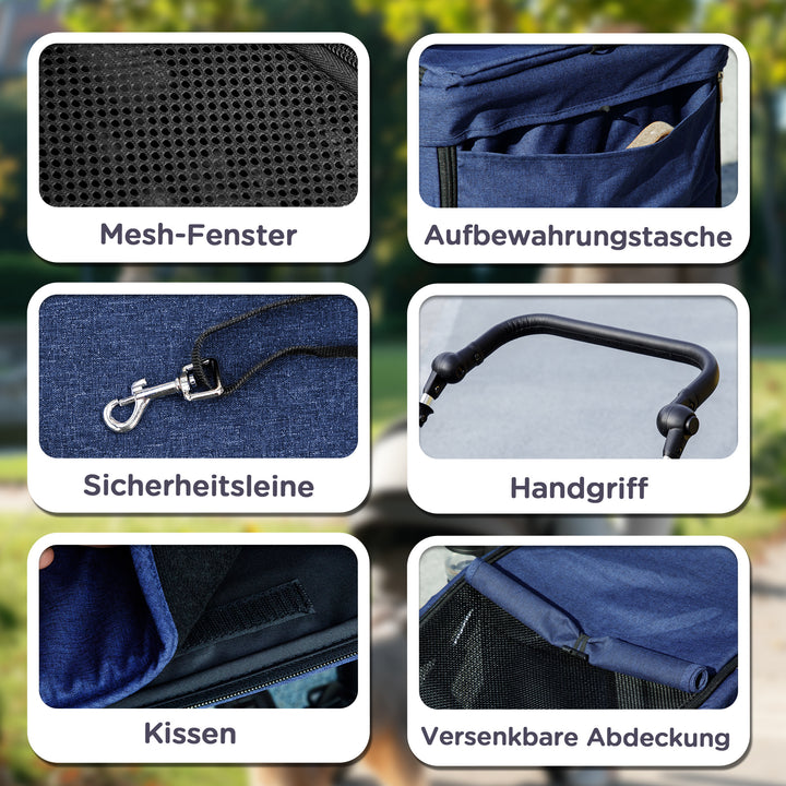 Hundeklapvogn, let og sammenklappelig transportvogn til små hunde, vaskbar hynde, netvindue, mørkeblå