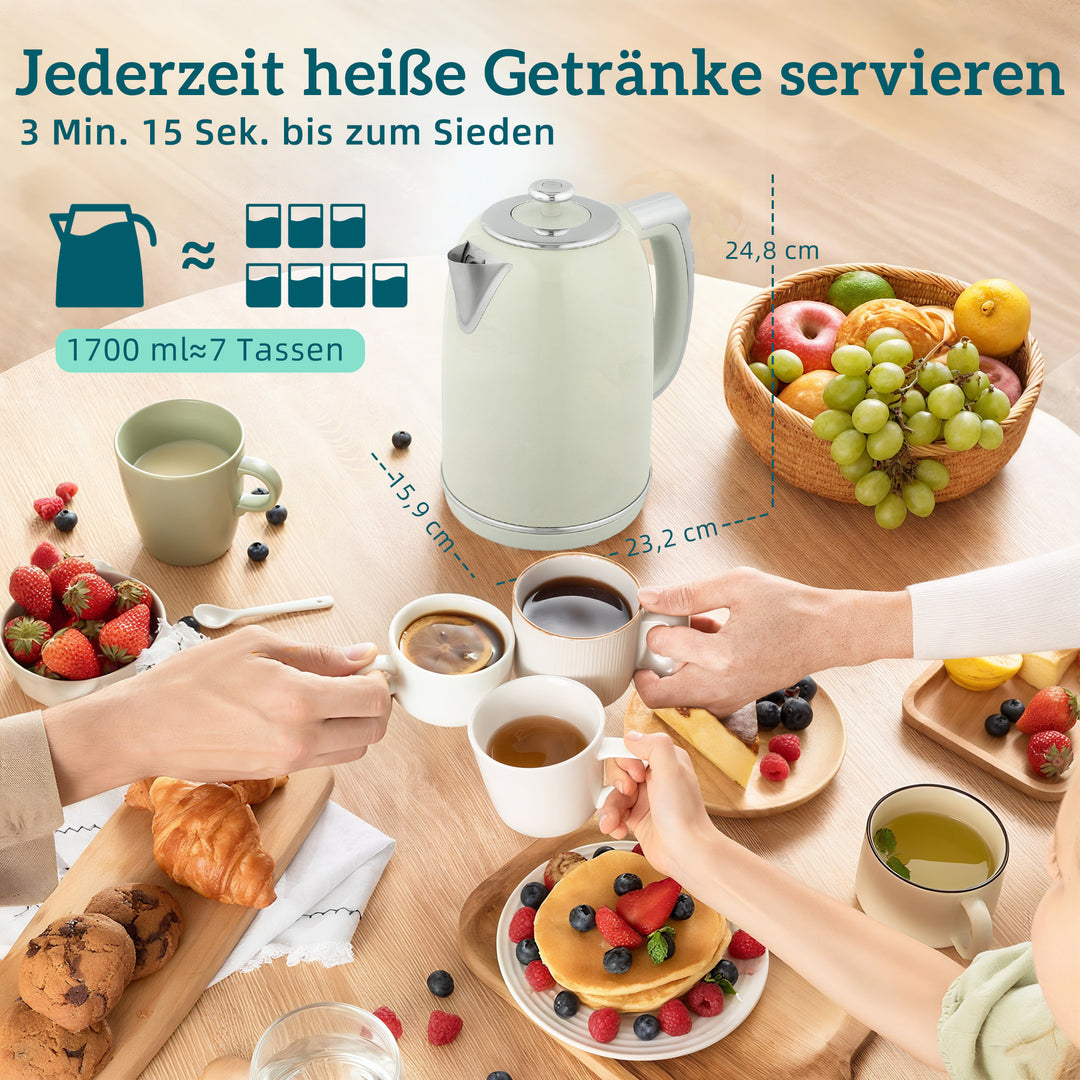 Elkedel- og brødristersæt, LED-display, 1,7 liter, 2200W, retrodesign, hukommelsesfunktion, grå