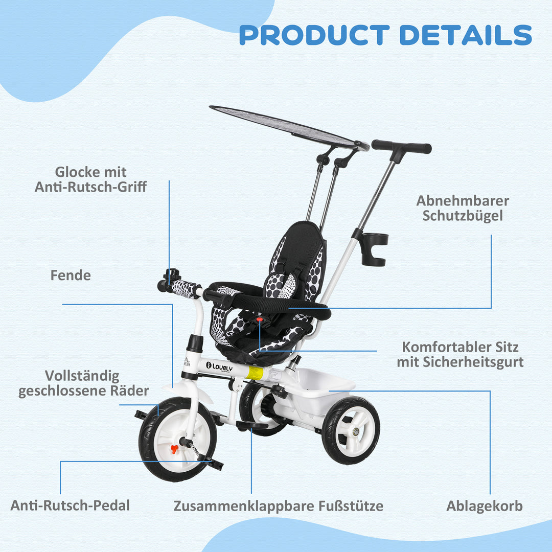6-I-1 børnetrecykel med skubbehåndtag, kaleche, bælte, opbevaringskurv, til 1-5 år, hvid