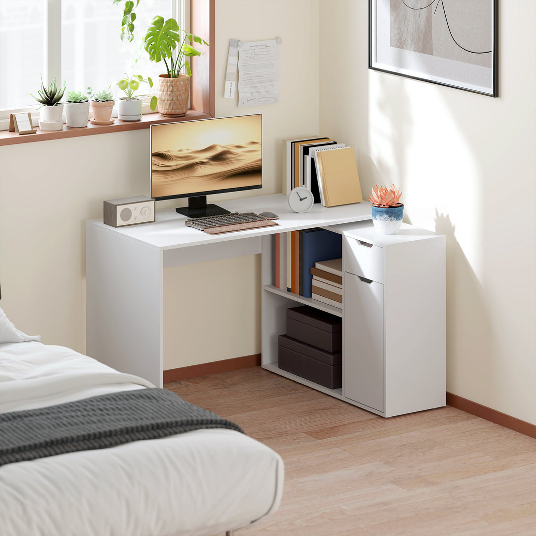 Fleksibelt skrivebord, 2-lags skab, skuffe, åbne rum, træ, hvid