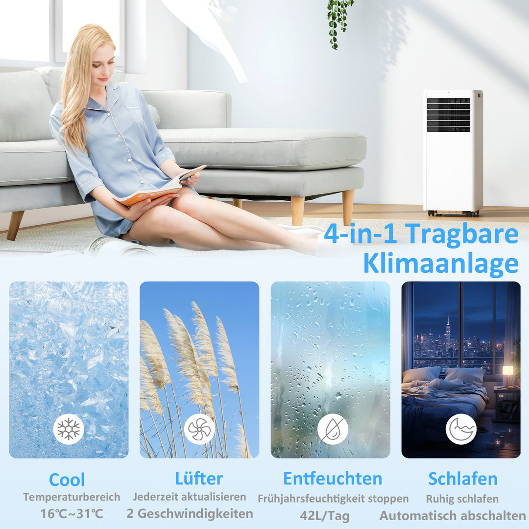 Bærbart klimaanlæg 9000 BTU, 4-i-1 med køling, affugter, ventilator, dvaletilstand