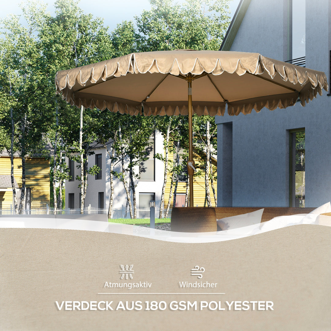 Parasol, med frynser, vipbar, med håndsving, stål+polyester, khaki, Ø264 x 240 cm