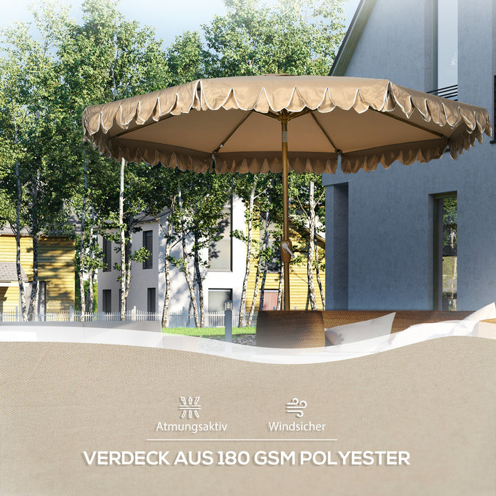 Parasol, med frynser, vipbar, med håndsving, stål+polyester, khaki, Ø264 x 240 cm