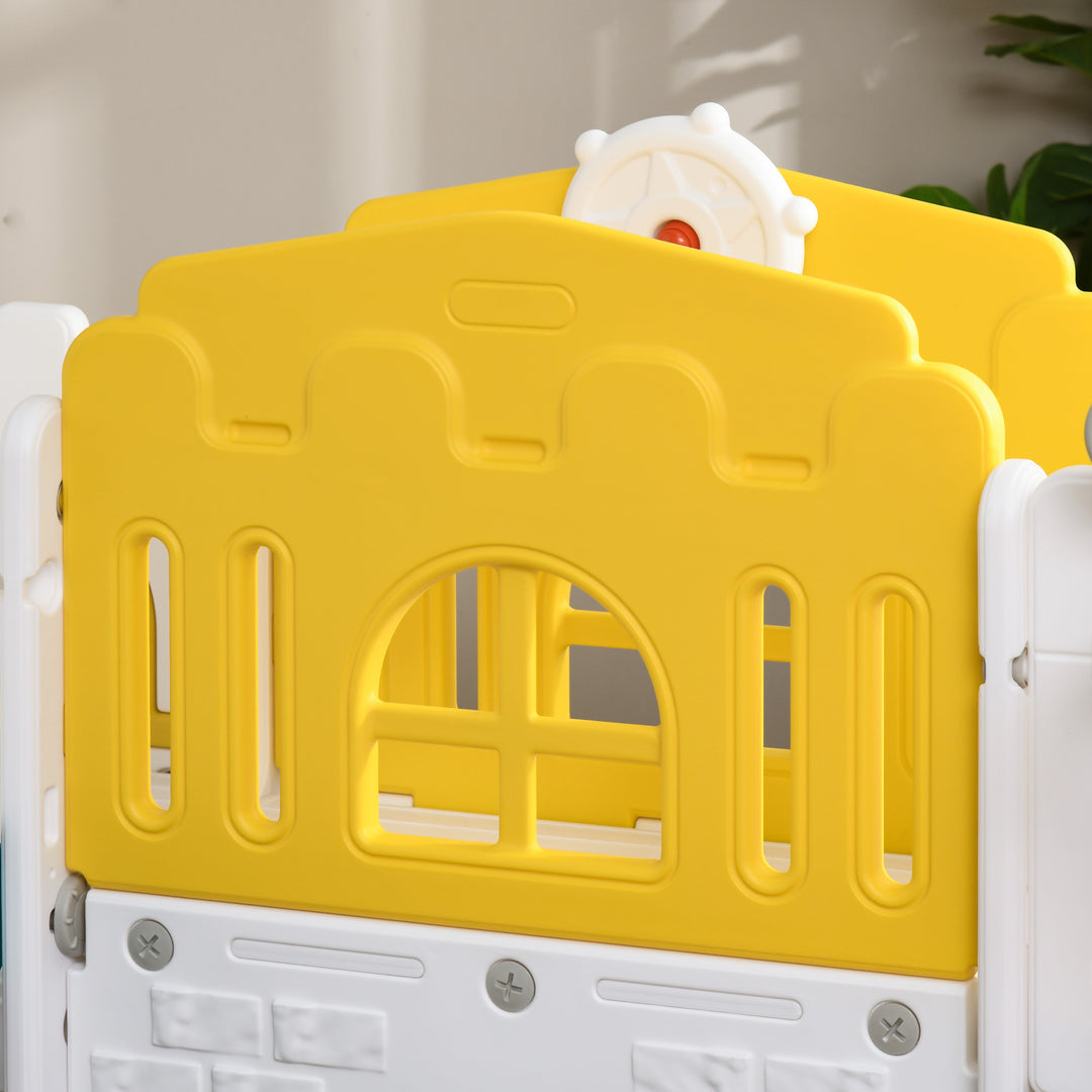 Børnerutsjebane, 7-i-1 legeredskab, med basketball og rat, til 1-3 år, 178 x 177 x 99 cm, gul/hvid/grøn