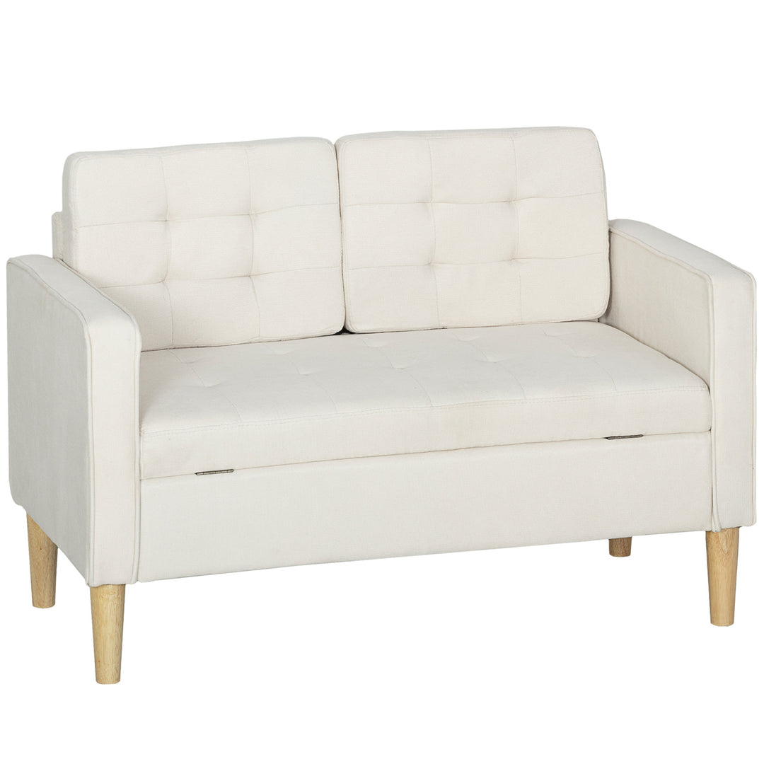 To-personers sofa med opbevaring, knapsyet kant, hynder, gummitræ, 117x62x78 cm, cremehvid