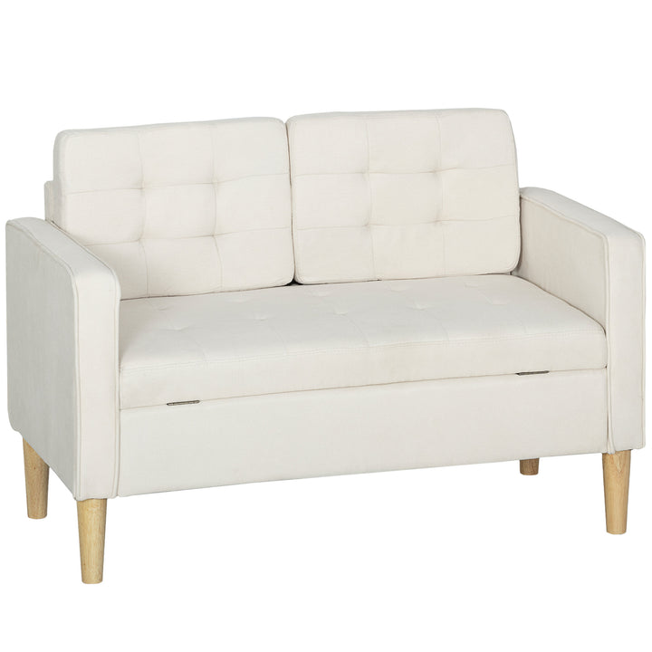 To-personers sofa med opbevaring, knapsyet kant, hynder, gummitræ, 117x62x78 cm, cremehvid