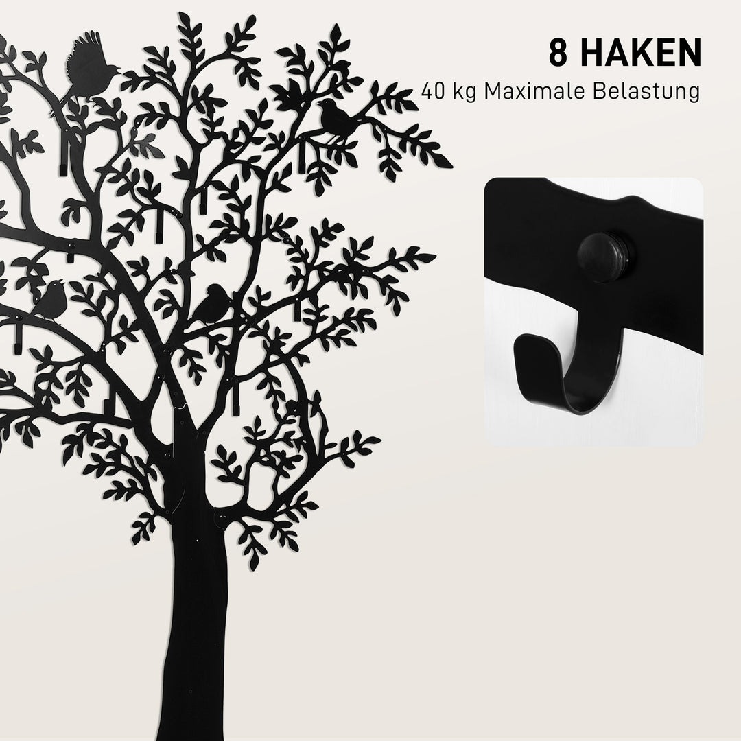Vægmonteret knagerække, vægmonteret knage, trædesign med fugle, sort