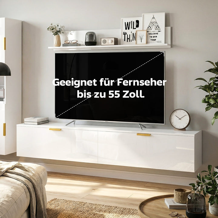 Svævende TV-bord med hængslede døre, underholdningscenter, væghylde, skab, 180 cm, hvid højglans