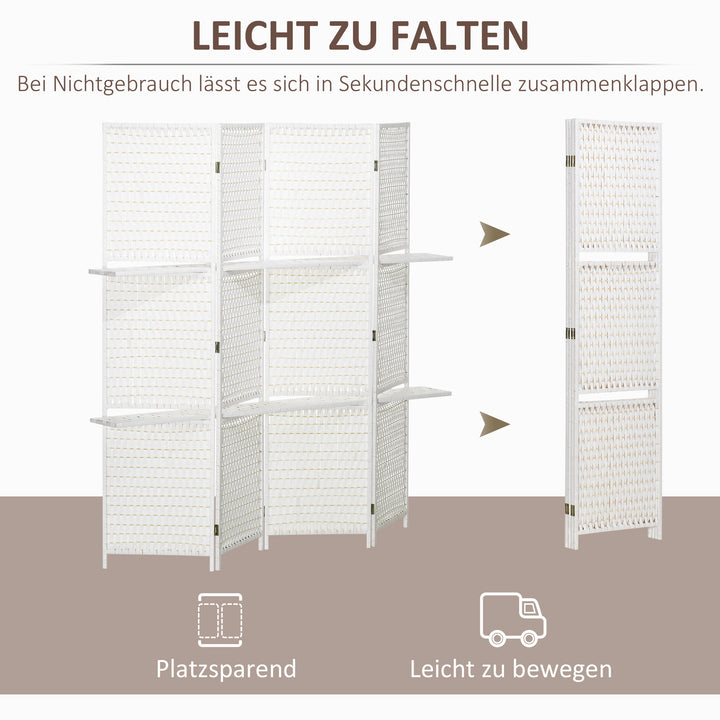 4-panels foldeskærm, 181 x 180 cm, med 2 hylder, lavet af fyrretræ og bambus, til soveværelser, hvid