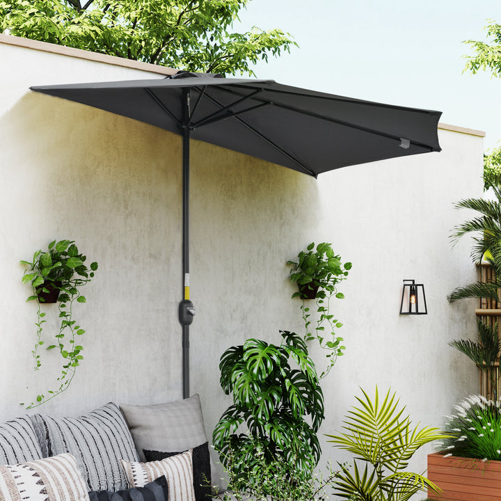 Parasol med håndsvingmekanisme, haveparasol, markedsparasol, metal, halvrund, grå og sort