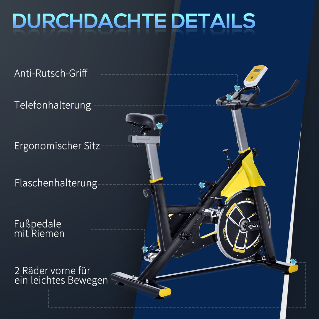 Cykeltræner højdejusterbar motionscykel fitnesscykel rulletræner med remtræk lcd-display stål abs gul + sort 45,5 x 100 x 101-113 cm