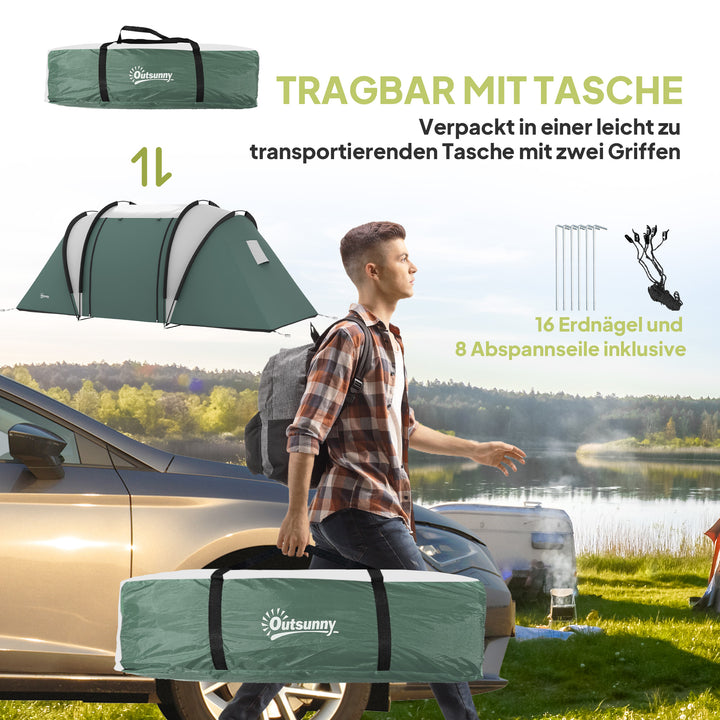 Campingtelt til 4-5 personer, let vandafvisende familietelt med 3 rum, sidedør, vindue, mørkegrøn