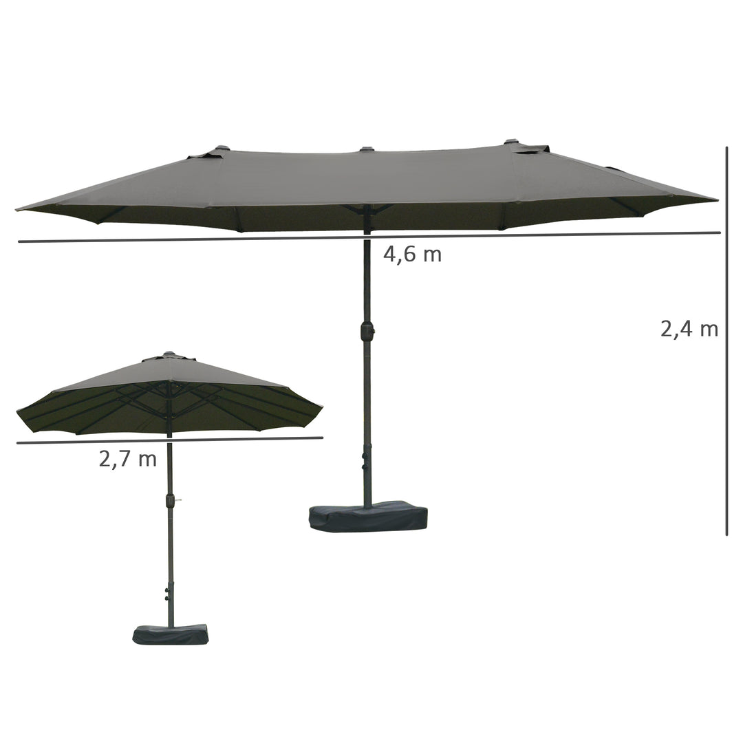Parasol, haveparasol, markedsparasol, dobbeltparasol, terrasseparasol med parasolstativ, håndsving, mørkegrå, oval, 460 x 270 x 240 cm