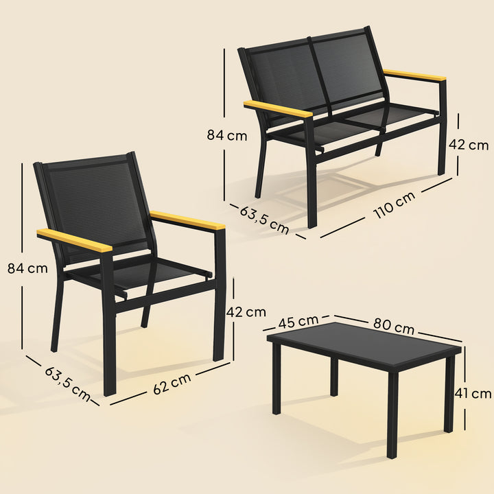 Metal havemøbelsæt, siddegruppe til 4 personer, havelounge med 2-personers sofa, stol og sidebord, 110x63,5x84 cm, sort