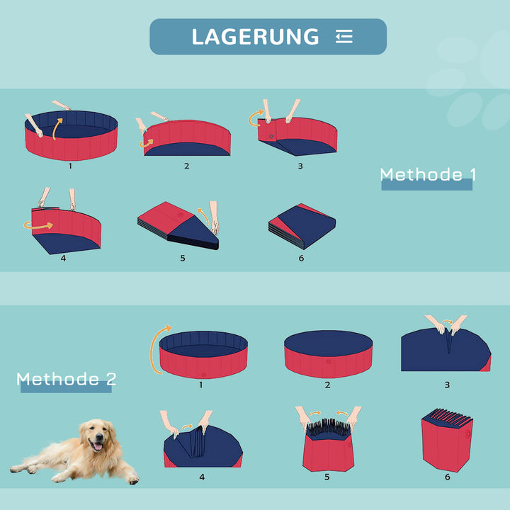 Sammenklappeligt hundebadekar, hundepool, swimmingpool, børnepool, badekar til hunde og katte, vandbassin af plastik og træ, Ø100 x H30 cm, rød