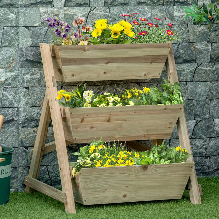 Hævet havebed, træblomsterstige med 3 hylder, plantestativ, plantehylde, plantestativ, blomsterstativ, naturlig finish, 71 x 61 x 77 cm