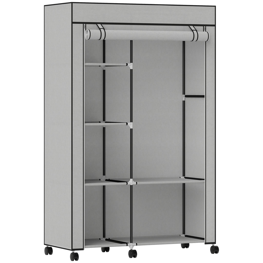 Stofgarderobe, opbevaringsløsning, 6 hylder, 1 garderobestang, lysegrå