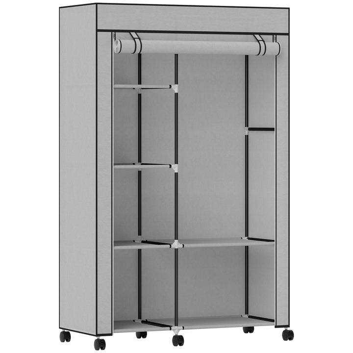 Stofgarderobe, opbevaringsløsning, 6 hylder, 1 garderobestang, lysegrå