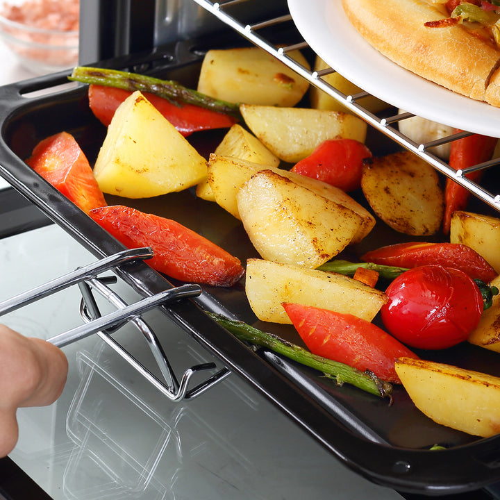 Miniovn, brødristerovn, timer, bagerist, bageplade, glasvindue, metal, sort