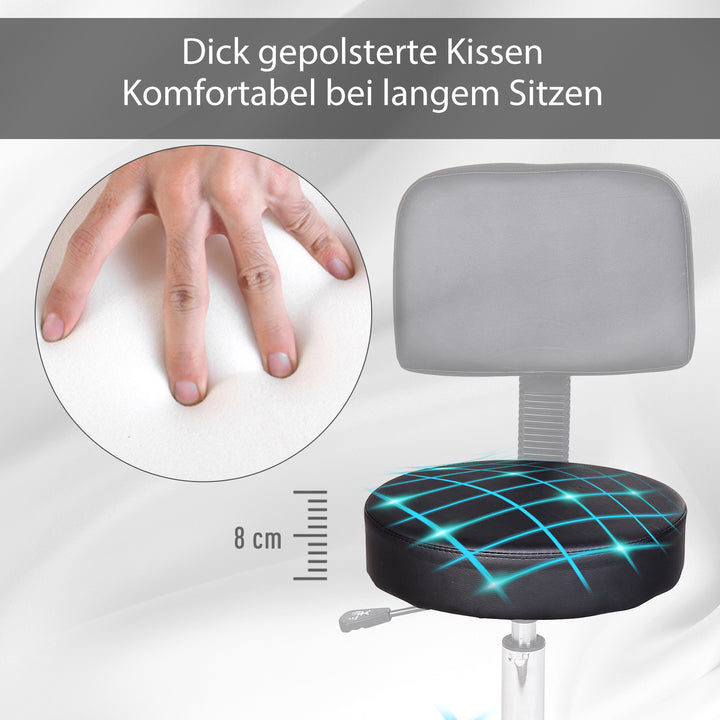 Højdejusterbar rulleskammel med ryglæn, drejeskammel 72-84 cm, 360° drejelig arbejdsskammel, kontorskammel til kontor, salon, massage, spa, sort