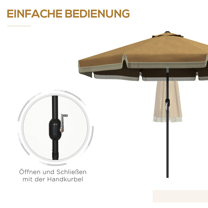 Parasol med frynset dekoration, Ø265 cm, vipbar, todelt metalstang, vindventil, khaki/sort