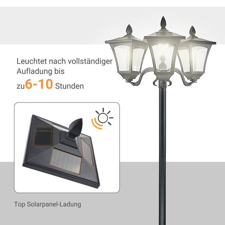 Solcellehavelanterne med 3 lys, lanternestang i rustfrit stål, solcellelanterne med LED 120 lumen, 51,5x47x182,5 cm, stilampe IP44 til havebalkon, sort