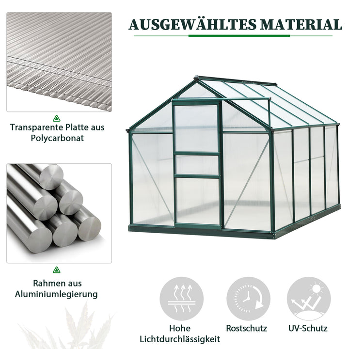 Drivhus, med tagvindue, skydedør, transparent, polycarbonat+aluminium, 190 x 252 x 201 cm