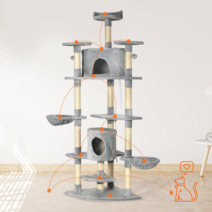 Kradsetræ med 2 hængekøjer og 2 kattehuler inklusive plys sisal reb legetøj lysegrå
