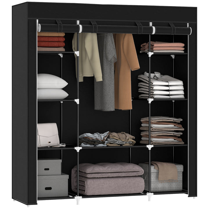 Stofgarderobe, foldbar garderobe, 1 bøjlestang, 9 hylder, 150 cm x 43 cm x 162,5 cm, sort