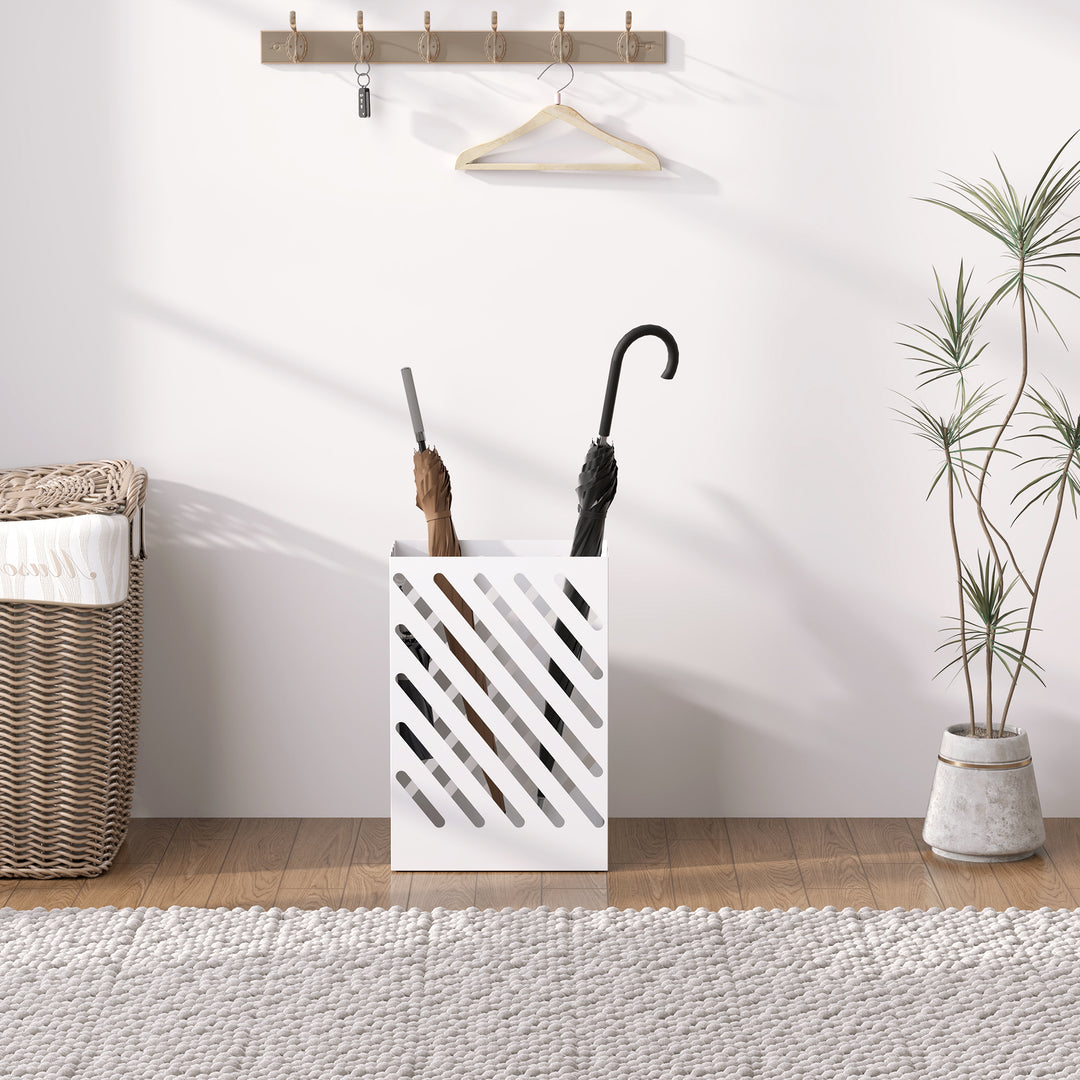 Paraplystativ med drypbakke, 4 kroge, stål, 28l x 14b x 41h cm, hvid