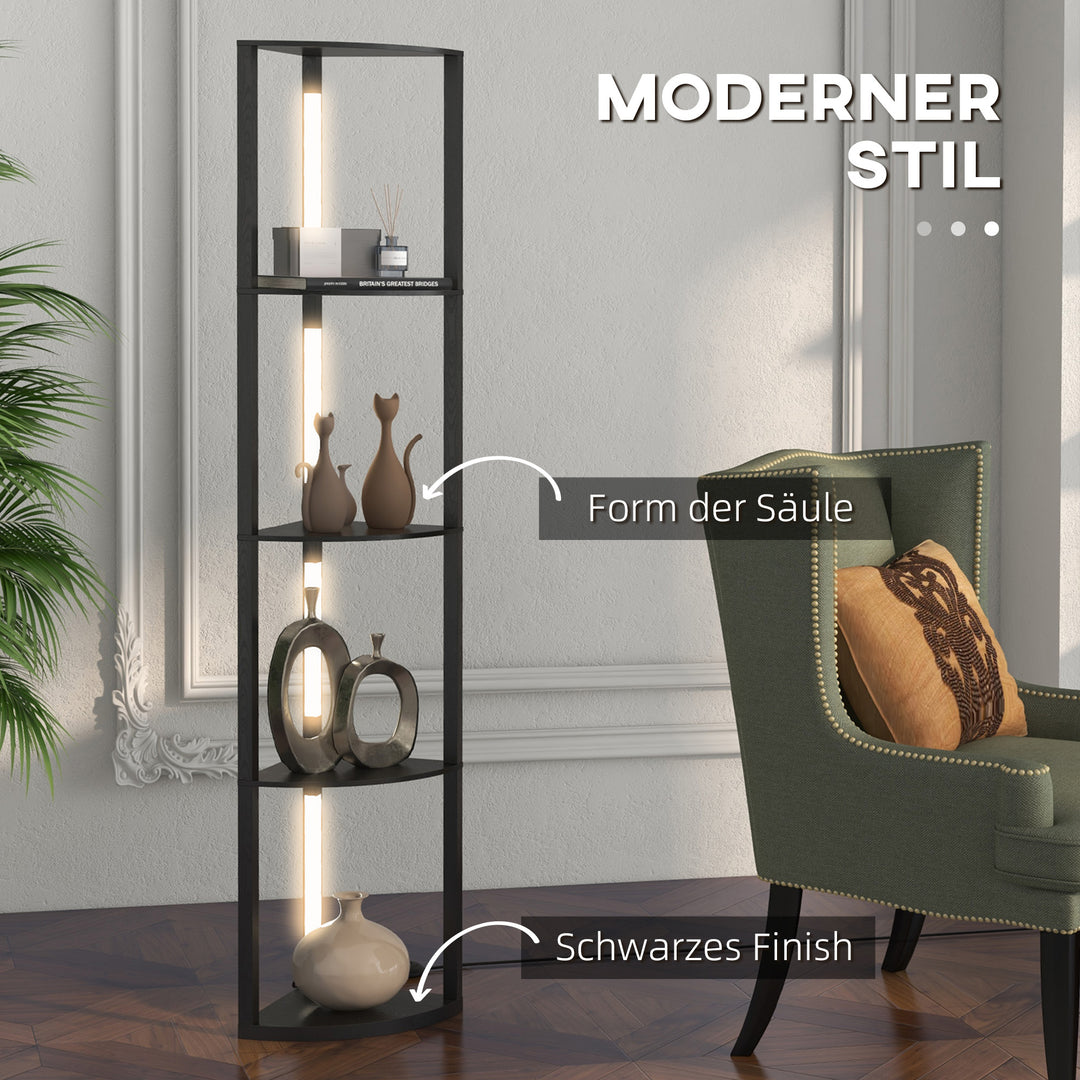Led gulvlampe, hjørnehylde, dæmpbar, 4 hylder, varmt hvidt lys, 41 x 30 x 164 cm, sort