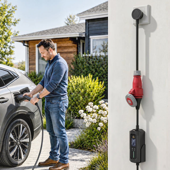 Mobil vægboks 11kW 8m Type 2 CEE 6-16A til Type 2 IP65 til elbiler med hybridladning