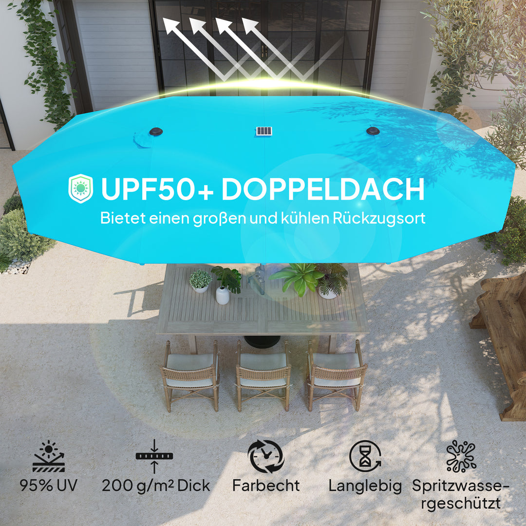 Dobbeltparasol med solcellelamper, aluminium, polyester, upf 50+ beskyttelse, uv-resistent, terrasseparasol, blå