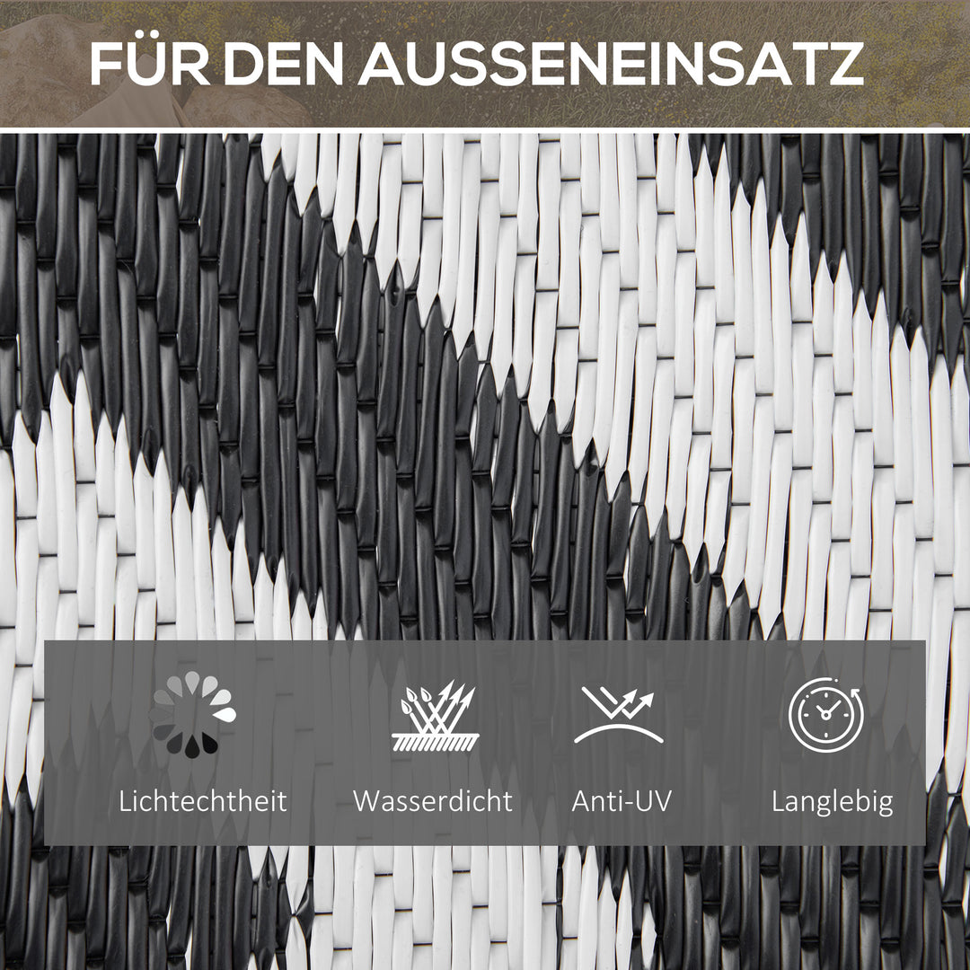 Udendørstæppe, vendbart, slidstærkt, anti-floss kant, sort og hvid, 152 x 243 cm