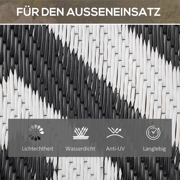 Udendørstæppe, vendbart, slidstærkt, anti-floss kant, sort og hvid, 152 x 243 cm