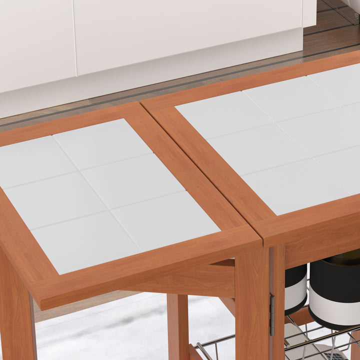 Serveringsvogn, køkkenvogn, to foldbare sideelementer, keramisk top, fyrretræ, 91 x 37 x 75 cm