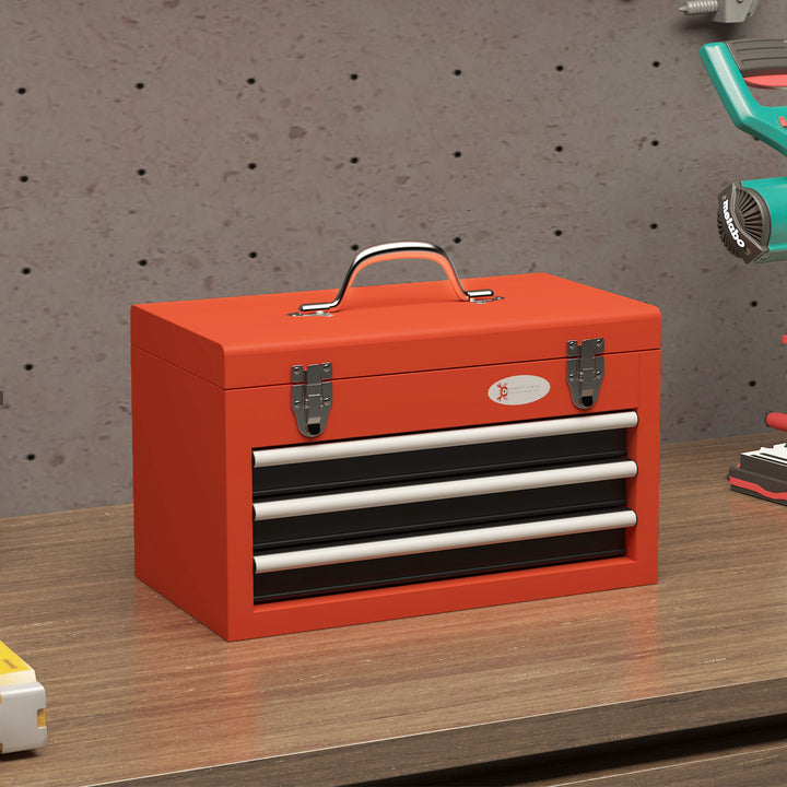 Værktøjskasse med 3 skuffer, 1 rum, robuste stållåse, 45 x 24 x 27 cm, rød