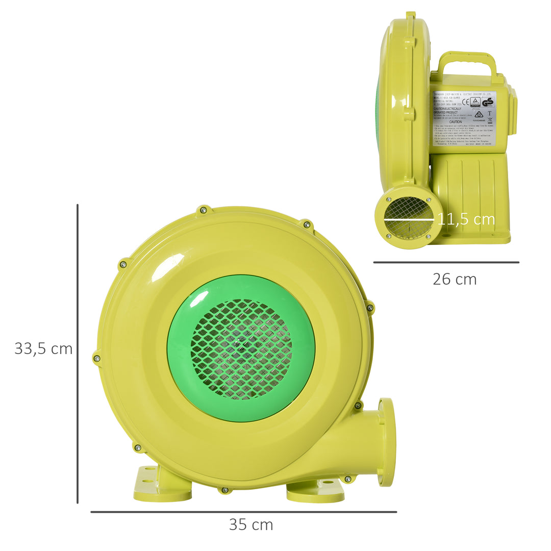 450w elektrisk luftpumpe, oppusteligt slot, kontinuerlig blæser, let, bærbar, til oppusteligt legetøj, abs, gul+grøn, 35 x 26 x 33,5 cm