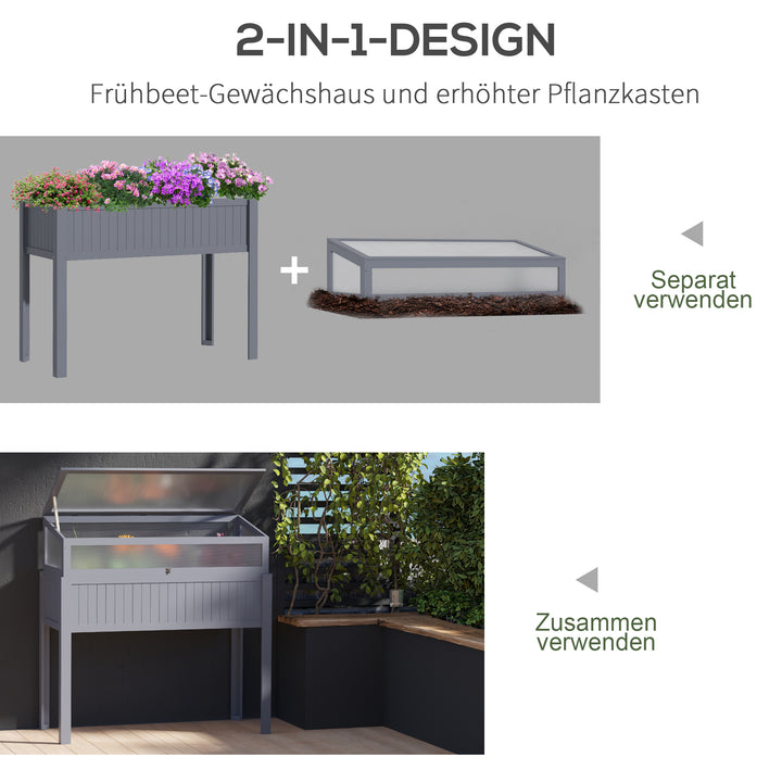 Højbed af træ med kold ramme 2-i-1 drivhus tomathus grøntsagsbed urtebed plantekasse til have balkon og terrasse polycarbonat grå 120 x 54 x 112/122 cm