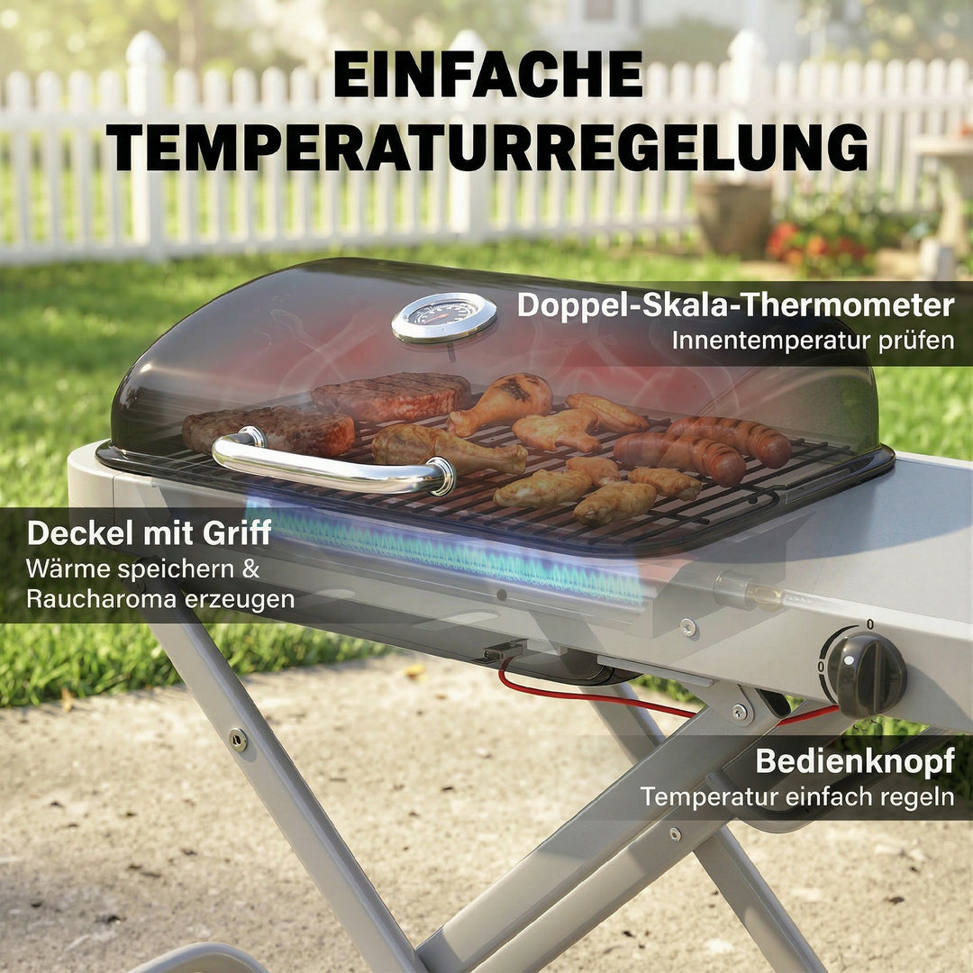 Bærbar gasgrill, 1 brænder, 2,5 kW, grillvogn med foldbar vogn, grillrist, sidebord, låg, termometer