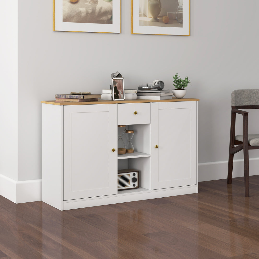 Køkkenkommode, skænk med skuffe, skabe, hylder, spånplade, hvid