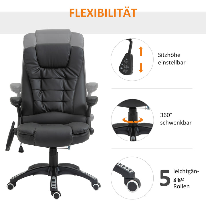 Massage kontorstol, executive chair med 6-punkts vibrationsmassage og varmefunktion, drejelig gamingstol, kunstlæder, 70 x 70 x 111-121 cm, sort