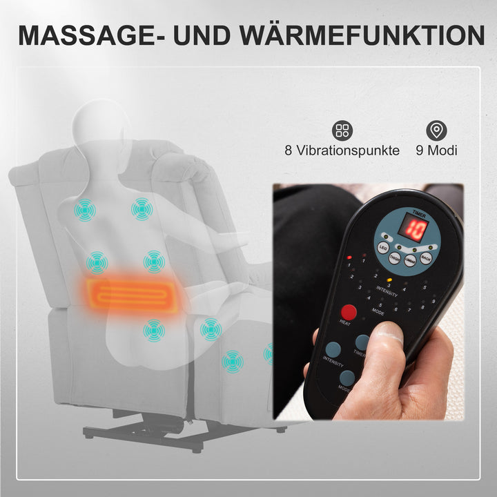 Powerlift-stol, massagestol med varmefunktion, polstret stol med fodstøtte, sidelomme, stofbetræk, mørkegrå