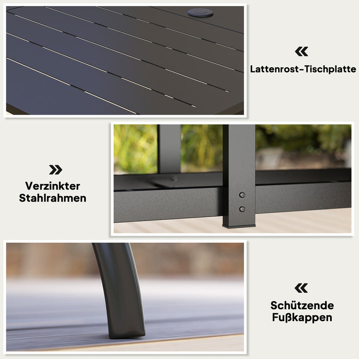Havebord stål 150x90 cm vejrbestandigt balkonbord med parasolhul, lameldesign til 6 personer sort